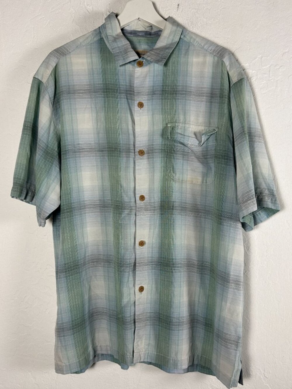 Tommy Bahama Mens Green Plaid Short Sleeve Button-Up Camp Shirt Large Silk Blend